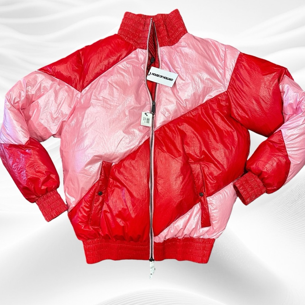 NWT HOUSE OF HOLLAND Vivid Oversized Striped Shell Down Jacket Pink/Red sz s/m